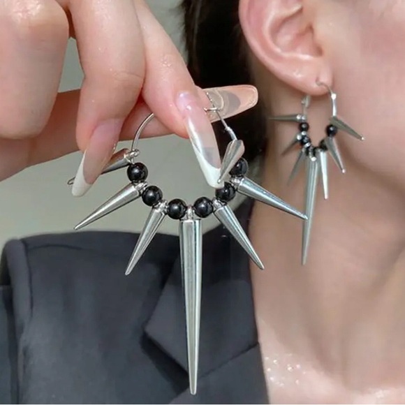 Silver Spike Hoop Earrings punk goth grunge rock classy style - Picture 1 of 7